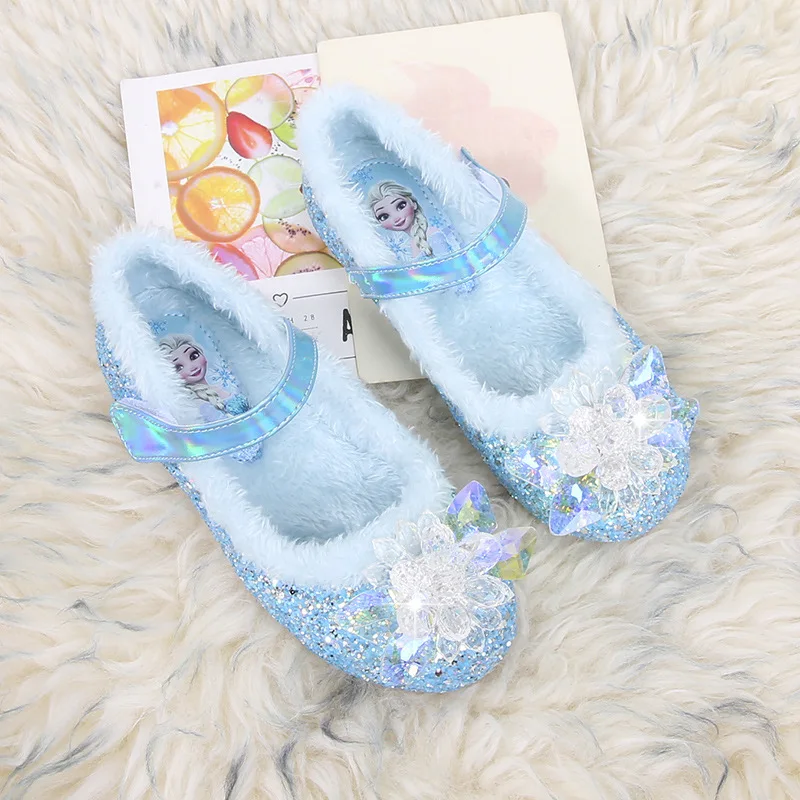 Disney Elsa Princess Shoes Autumn Winter Plush Warm Children Girls Crystal Shoes Fashion Cute Baby Girl Flat Shoes Soft Sole