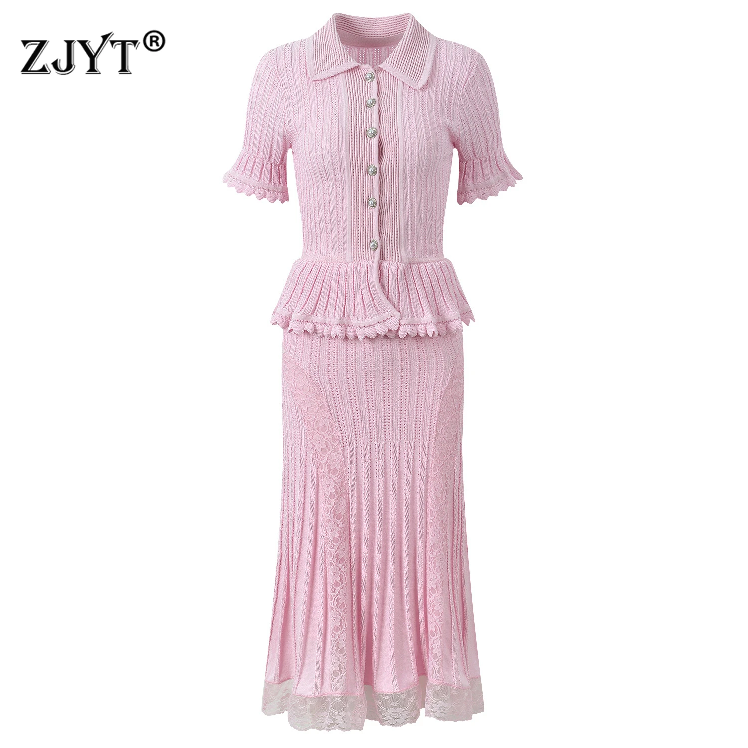 

ZJYT Summer Long Knitted Dresses for Women 2026 New Elegant Lace Ruffles Patchwork Pink Sweet Party Mermaid Dress Vestidos Lady