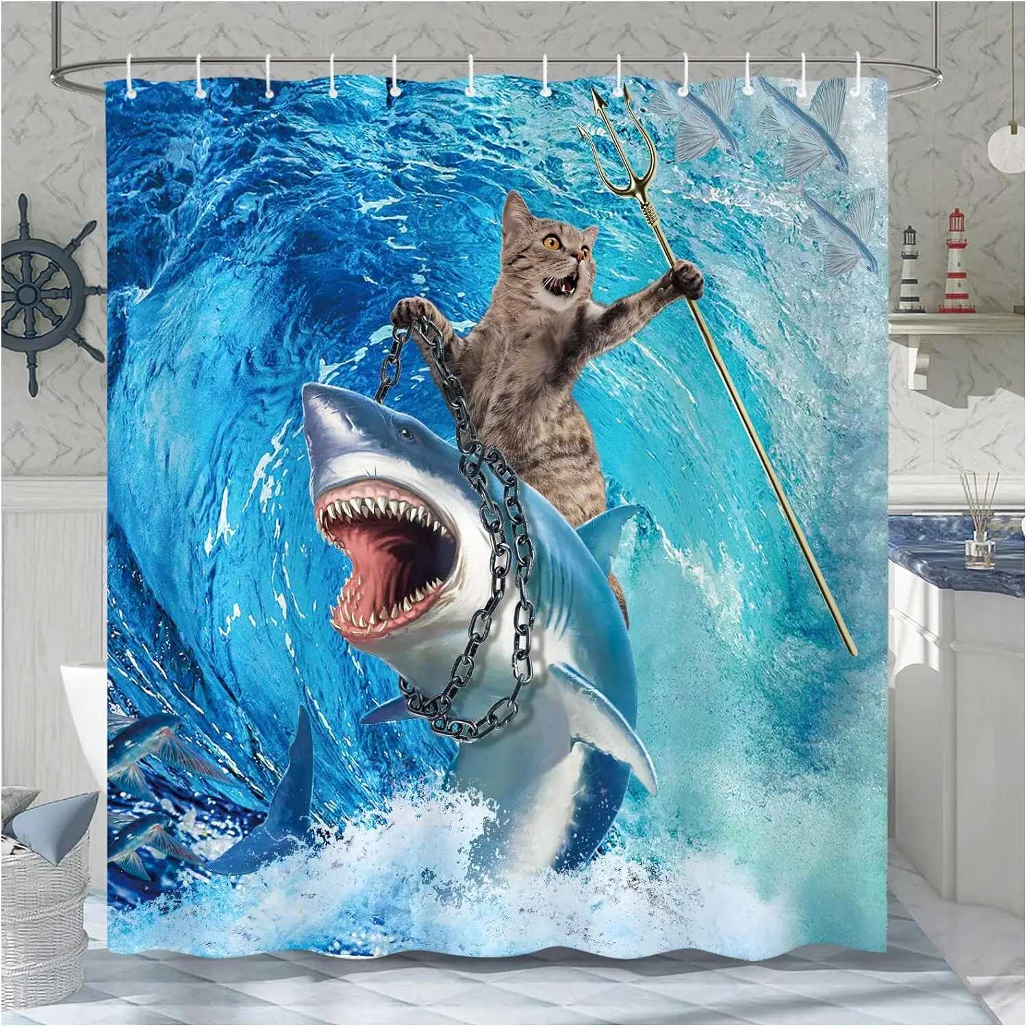 Funny Cat Shower Curtain, Riding Shark Ocean Theme Hilarious Cool Fun Blue Ocean Wave Animal Nautical Whale Boys Bathroom Decor