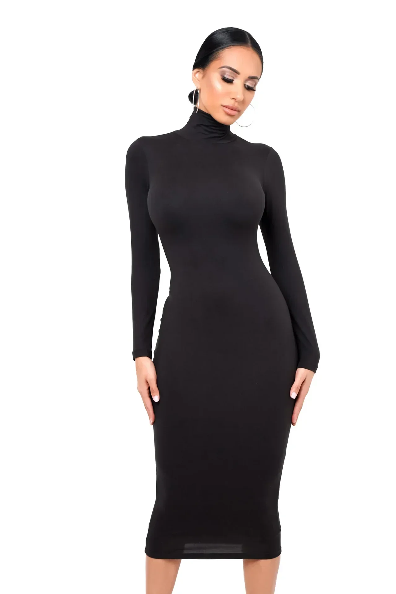 Sexy Solid Dress Women Dresses Full Sleeve Turtleneck Sheath Thick Long Skirts Slim Bodycon Hip Dresses Elegant Autumn Vestidos