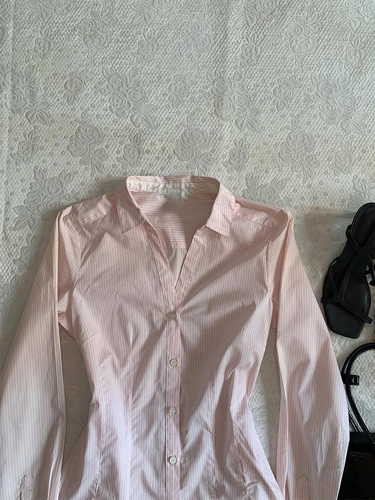 

Chic Pink Striped Long Sve irt Vintage Sle Women's Faion Commute Polyester Cotton Blend Button Detail irt