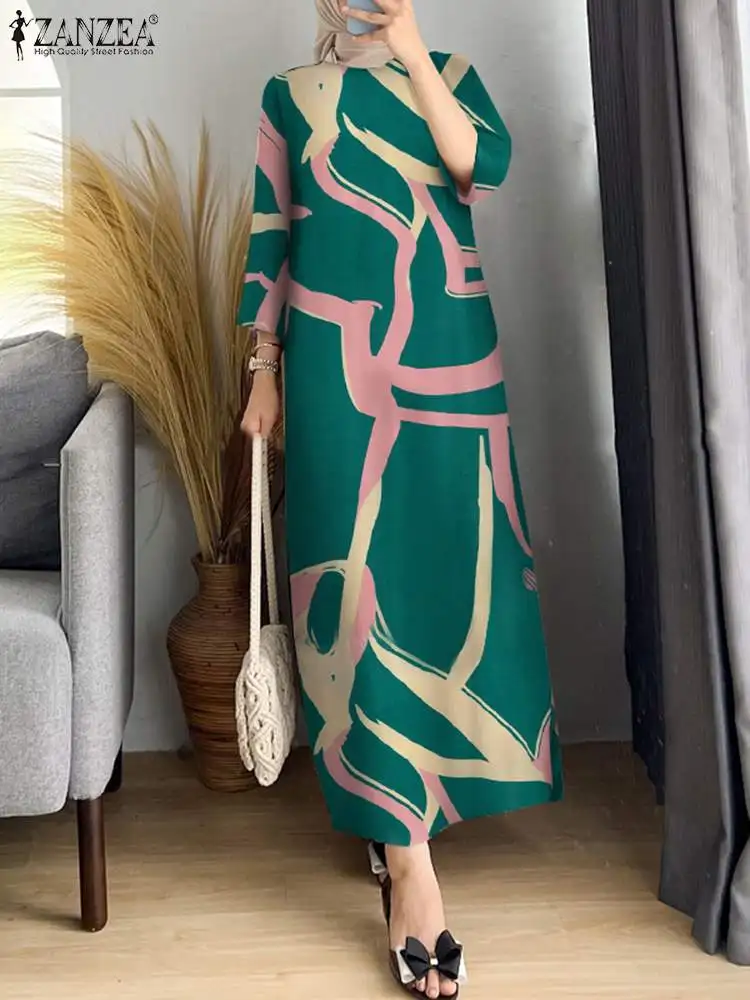 Spring Summer Maxi Sundress Muslim Abaya ZANZEA Women O Neck 3/4 Sleeve Maxi Dress Casual Kaftan Bohemain Printed Vestidos 2024