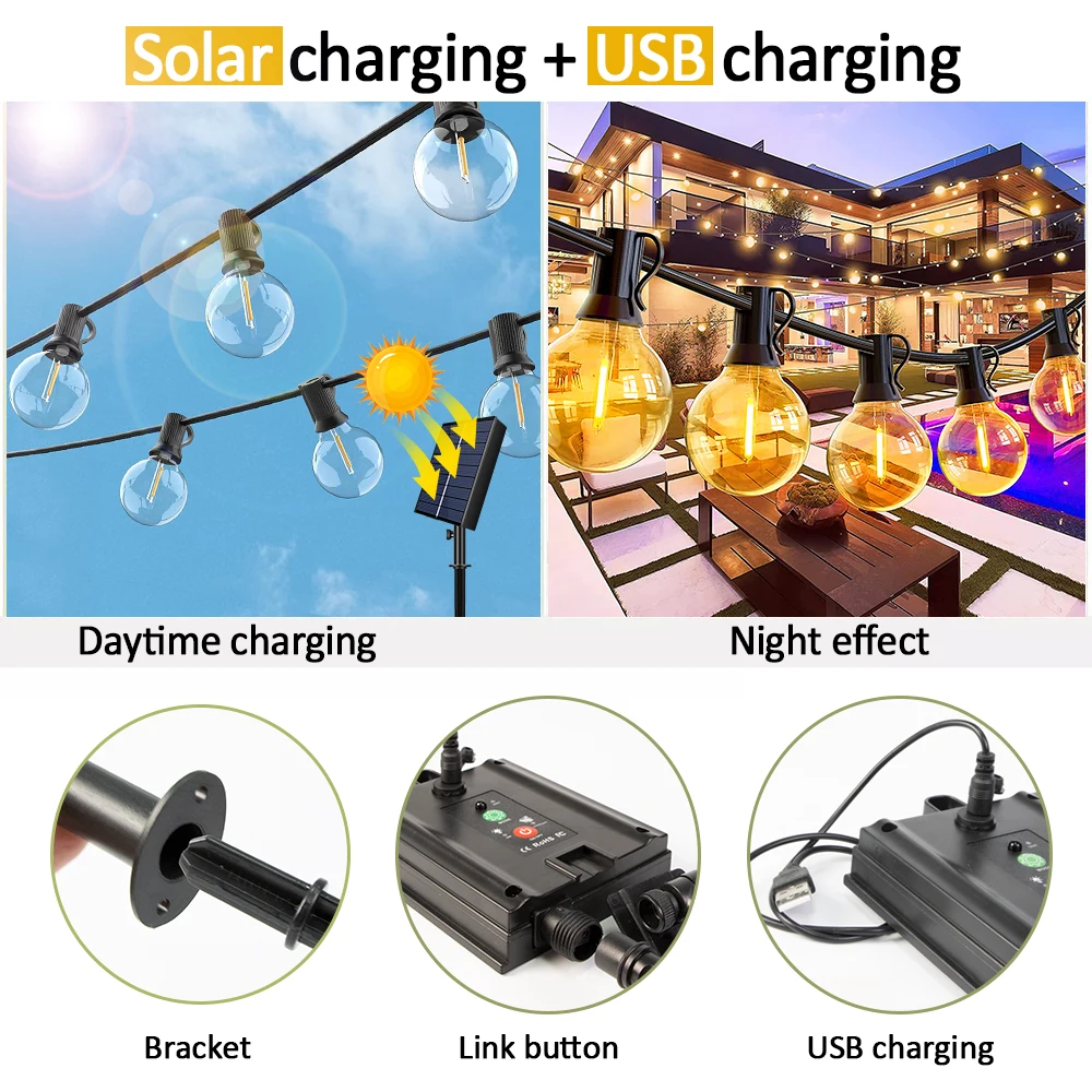 Outdoor Solar String Luzes, USB Recharger, lâmpadas inquebráveis, intempéries Hanging Luz, G40, 8 modos