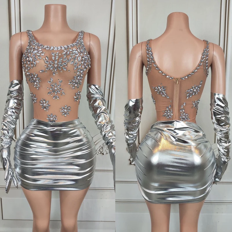 

Shiny Rhinestones Laser Evening Dress Women Birthday Celebrate Party Dresses Festival Outfit Dj Ds Gogo Costume Clubwear XS8992