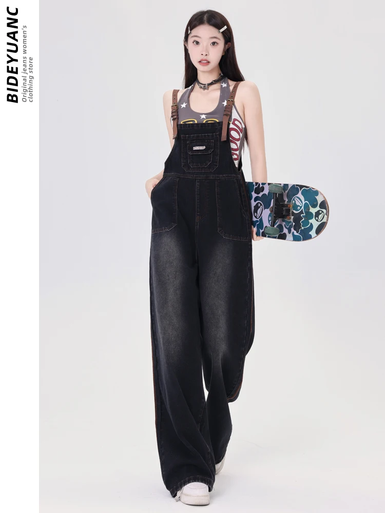 American Sle Denim-Overall für Damen, Übergröße, lockeres, weites Bein, schlankmachende Arbeitskleidung, Overall, hohe Taille, lang, Baumwolle, Polyester