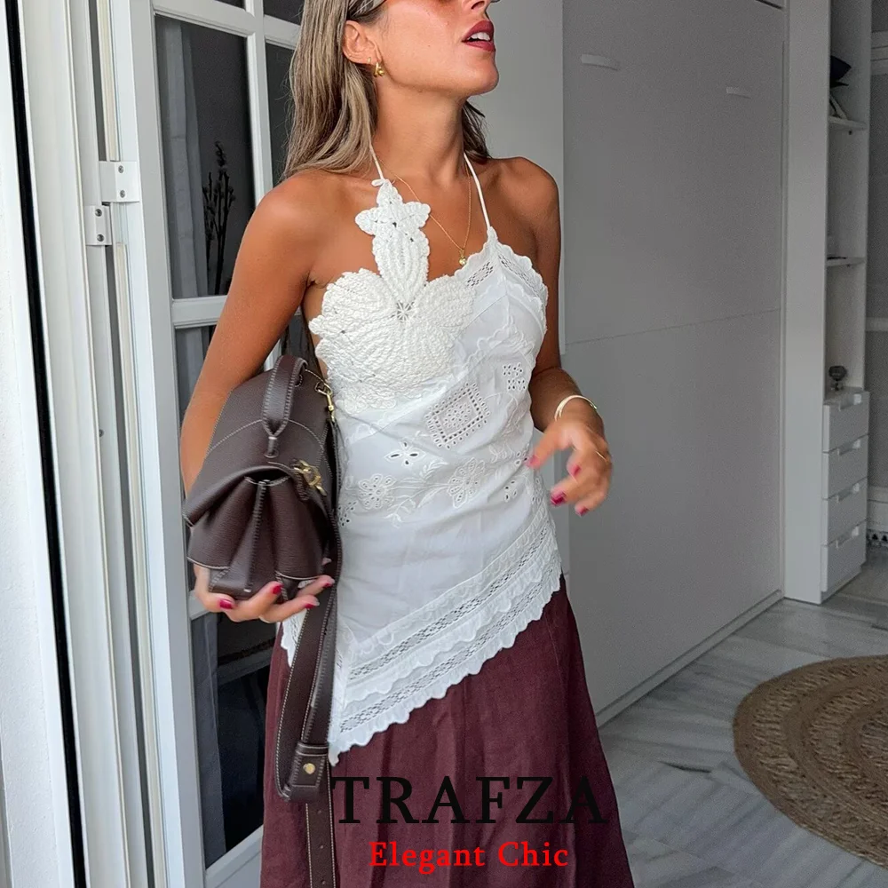 

TRAFZA Women Sexy Holiday Halter Tops Floral Asymmetrical Top New 2025 Summer Autumn Fashion Holiday Party Wedding Guest Top