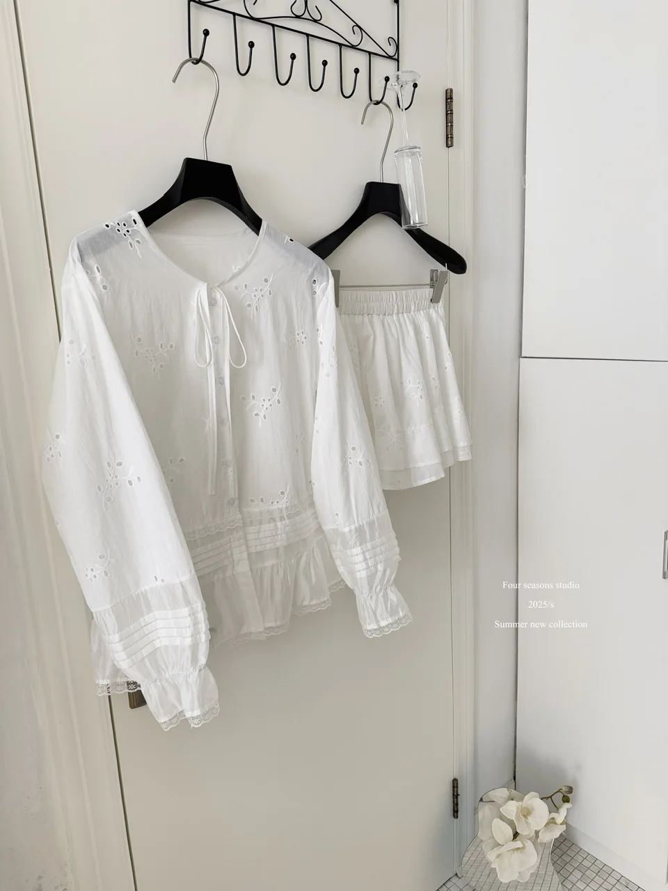 Conjunto de falda elegante de dos piezas para mujer, camisa de manga larga con cuello redondo y una botonadura, Top + Falda corta de corte A, verano y otoño