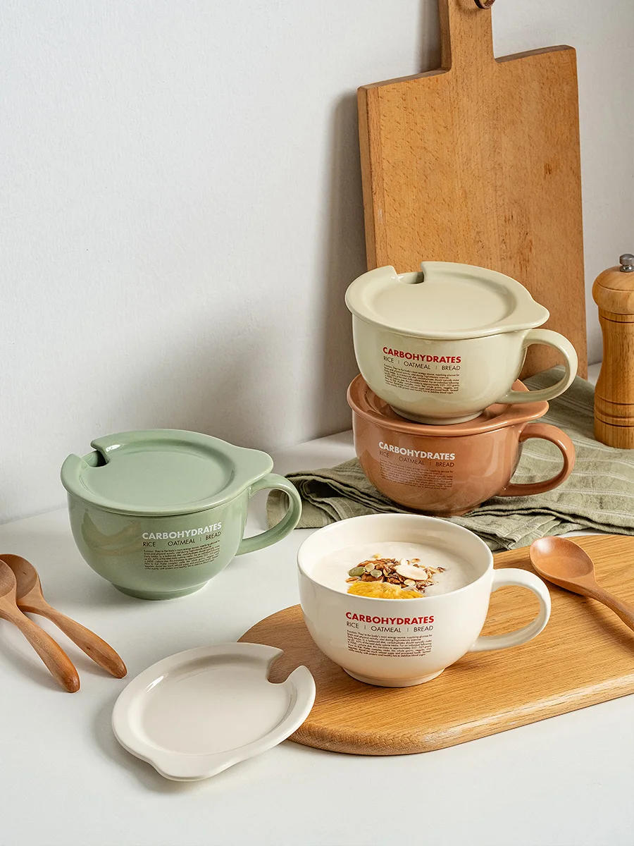 Ezicok Large Capacity Ceramic Cup with Lid for Breakfast Cereal Oats Milk Soup Nordic Style Handle Cup  Style China
