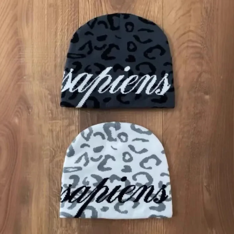 Leopard Print Letter Knit Beanie Women 2026 Black White Warm Winter Skull Cap Streetwear