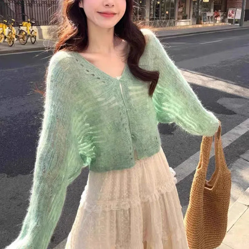 Cardigan fin ajouré pour femme, Style coréen, vert, col en v, court, tricot, Streetwear, manches longues, pulls, printemps automne