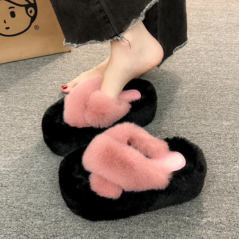 Pantoufles en peluche pour adultes, pantoufles en fourrure à plateforme, pantoufles de luxe, chaussures de créateur, nouveau, 2024