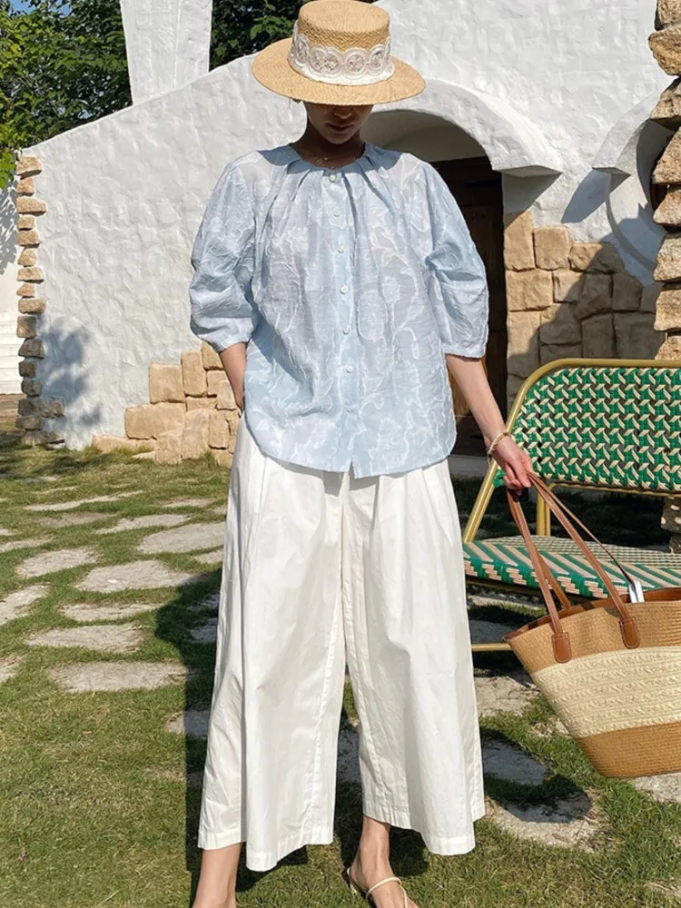 

2025 Spring French Shirt Women's Suit Texture Design Women's Shirt + Wide Leg Pants 2-piece Set Casual Holiday Outfit