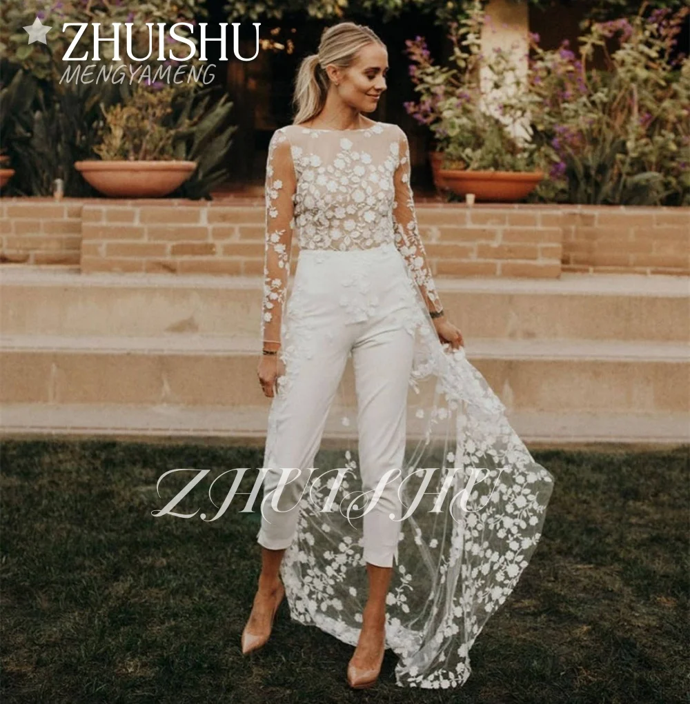 Sexy Open Back Wedding Pant Suits For Brides Applique Lace Long Sleeves Wedding Jumpsuits Women Elegant Formal Dress customized