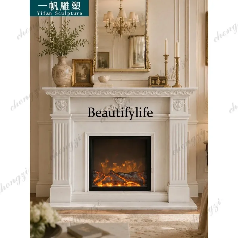 PPP Marble fireplace white European classical stone carving flower fireplace living room fireplace decoration