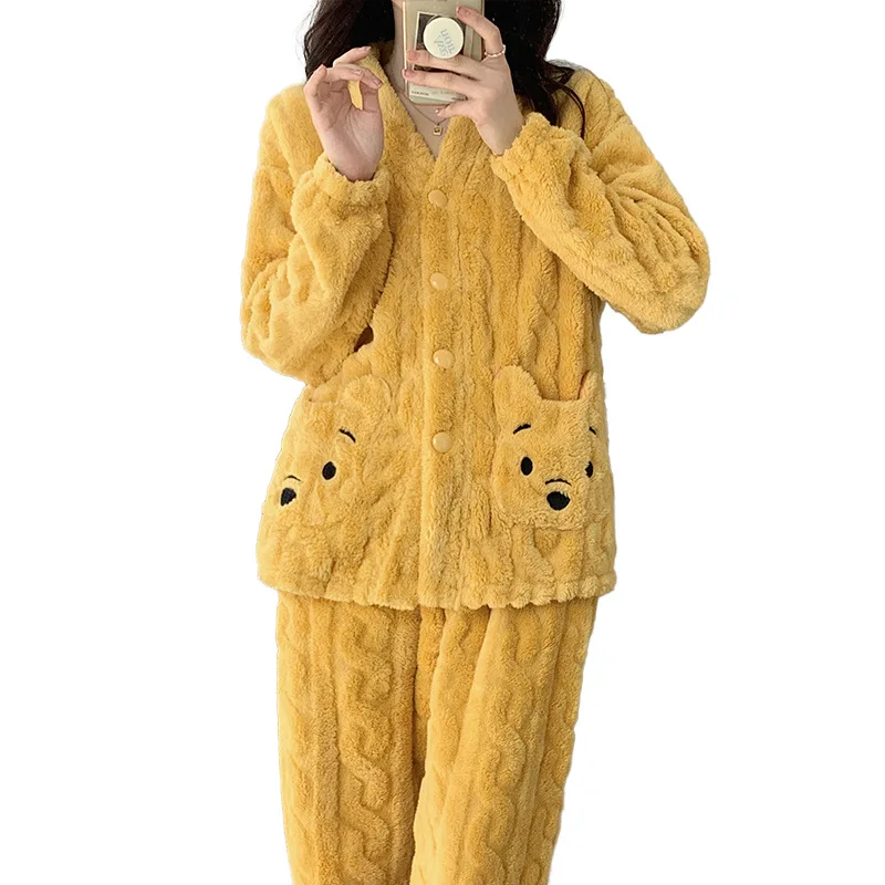 Disney Pooh Bear Pyjama Set Meisjes Winter Dikke Cartoon Winnie Pooh Nachtkleding Huiskleding Fleece Comfortabele nachtkleding