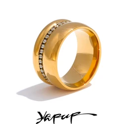 Yhpup Stylish Stainless Steel Round Cubic Zirconia Wide Ring 18K PVD Gold Color Plated Temperament Jewelry