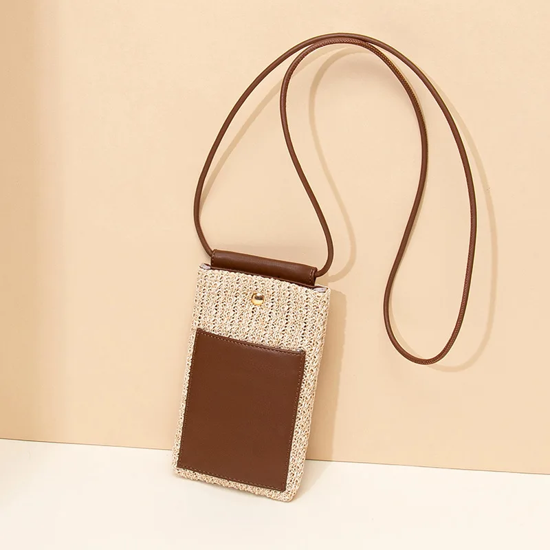 

New Straw Woven Mobile Phone Bag Contrasting Color Splicing Premium Vacation Shoulder Messenger Mobile Phone Bag Mini Bag