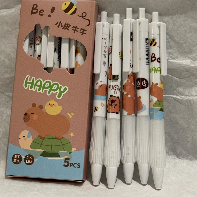 Capybara Cartoon Gel Pen, Escrita de Secagem Rápida, Papelaria Estética Suave, Escritório e Material Escolar, Moda Kawaii, 5Pcs