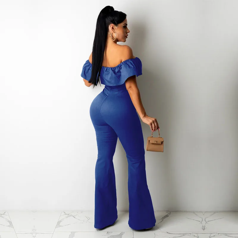 Fashion Ruffled One Shoulder Jumpsuit Women Solid High Waist Elastic Slim Fit Long Pants for Ladies Cocktail Birthday Party