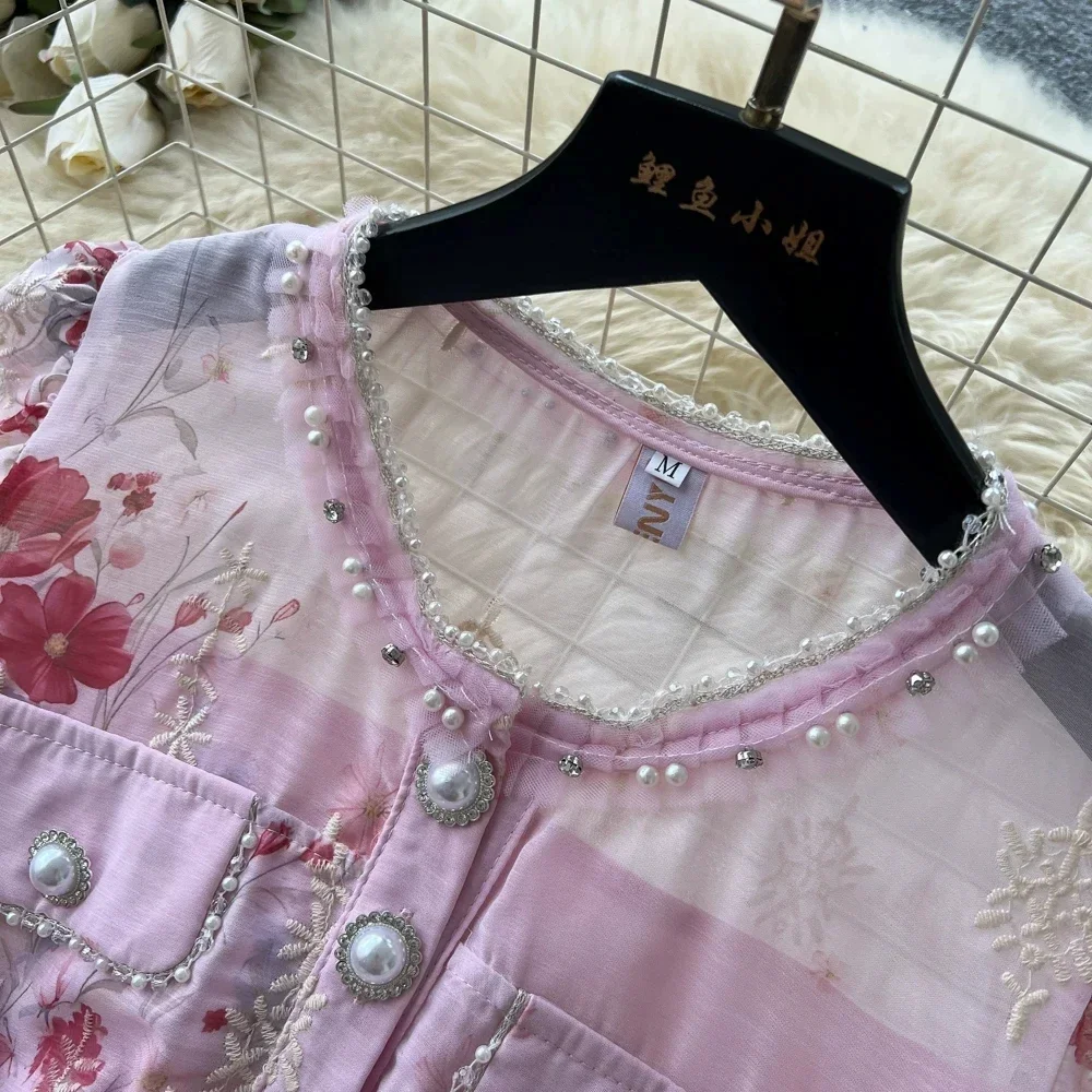 ZAMOR Hollow Out Embroidery Matching Two Piece Set Women Puff Sleeve Diamond Buttons Tops High Waist Long Skirt Autumn Beach