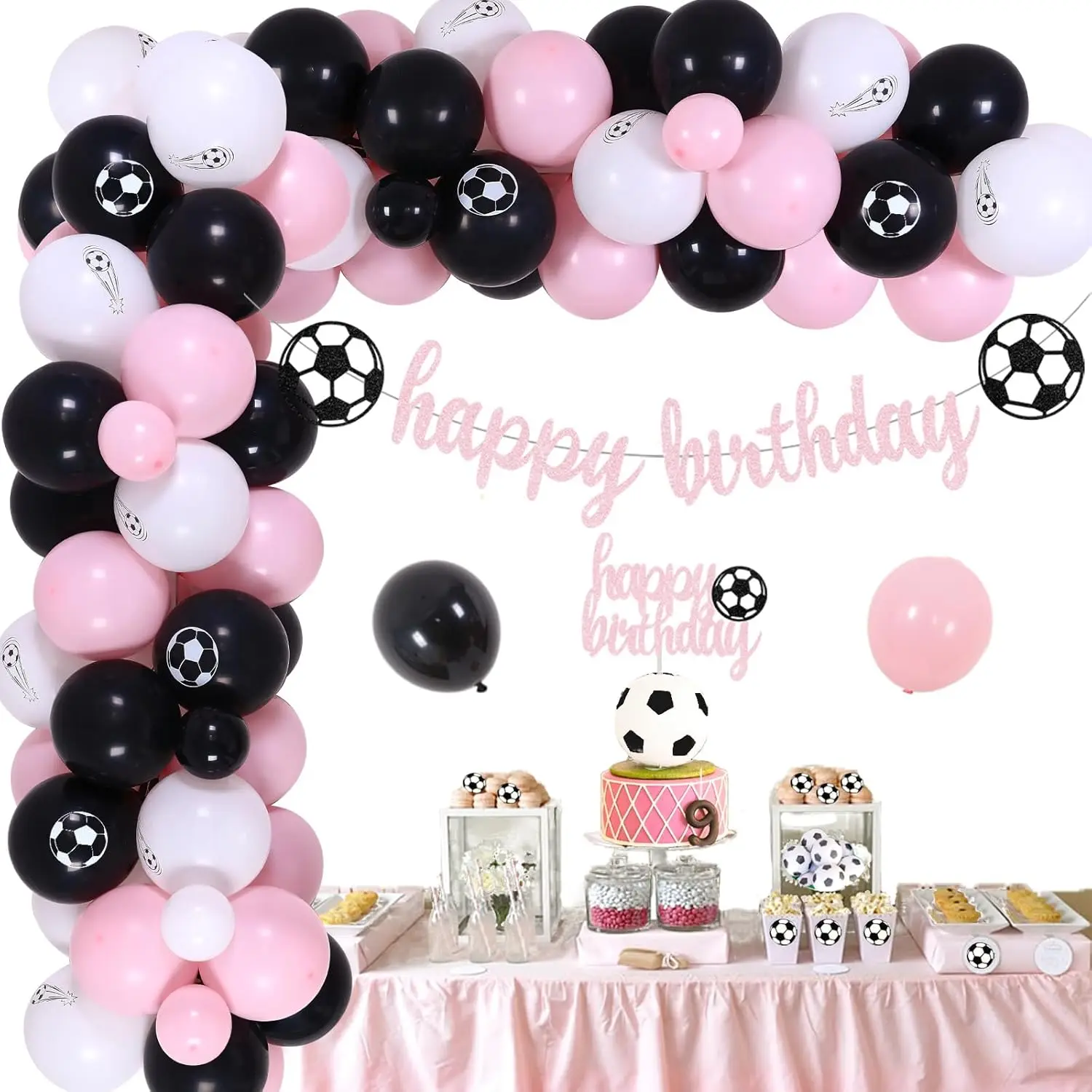 Sursurprise Pink Soccer Balloon Garland Kit Soccer Theme Birthday Party Decorations for Girls Happy Birthday Banner Cake Topper