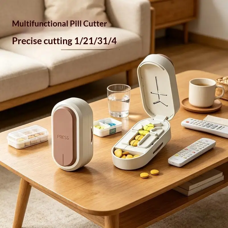 1Pcs 2 in 1 Pill Cutter and Storage Box Precise Medicine Slicing Tool for 1/2 1/3 1/4 Tablet Split Daily Use Organization