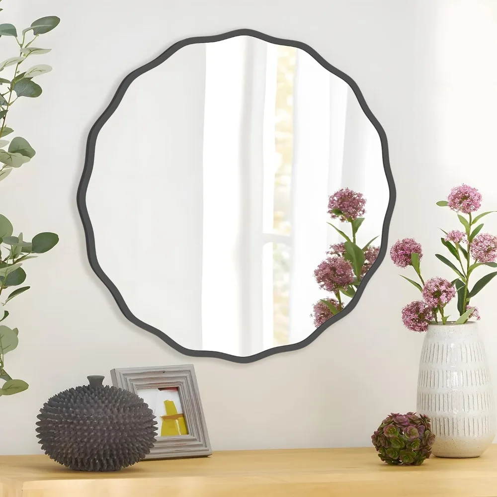 Round Wavy Mirror for Wall Decorative 20 inch Wood Frame Circle Wall Mirror for Bathroom Living Room Home House Office Entryway