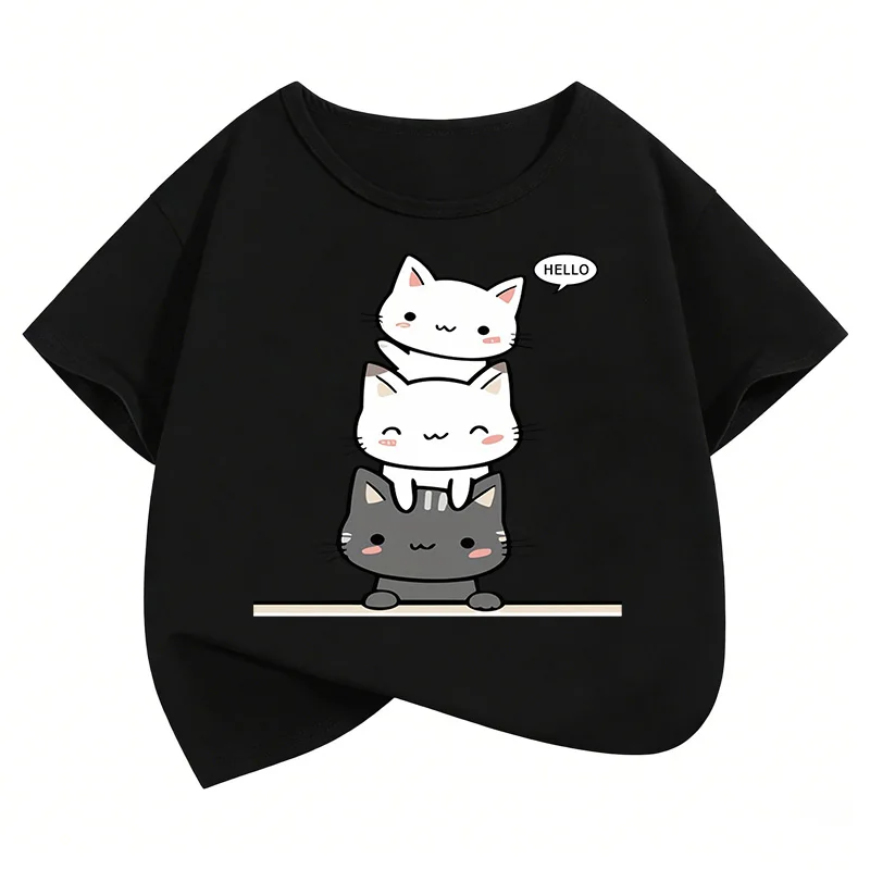 Neues Happy Cat Lustiges Kurzarm-T-Shirt Manga Kinder-T-Shirt für Jungen und Mädchen Sommer Frühling Lässiges Oberteil T-Shirt