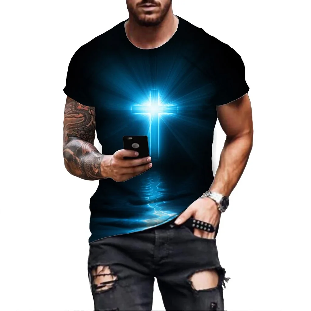 Summer Casual Cross Tshirt Men\'s Jesus 3d Printed T-shirt Short Sleeve Streetwear Christian Style Male shirt