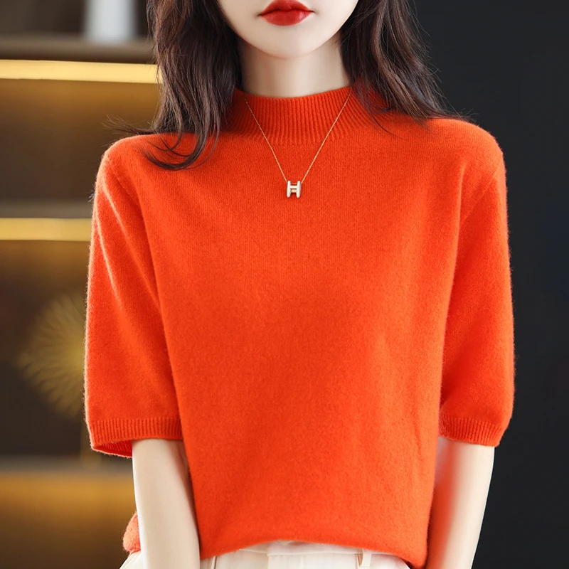 Seamless Cashmere Sweater Knitted Women\'s Clothing 100% Pure Wool Short-Sleeved 2022 Spring Five-Quarter Sleeve Fashion Pullover