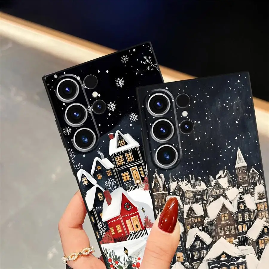 حافظة لهاتف سامسونج جالاكسي S21 FE S23 Ultra S25 Edge S20 S24 Plus غطاء هاتف ناعم أسود لأيام عيد الميلاد الثلجية