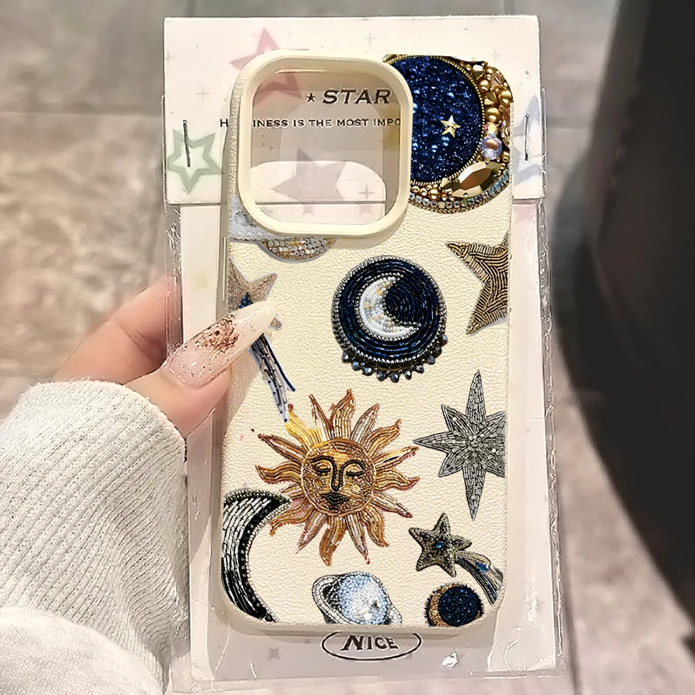 Чехол Sun Moon Star с текстурой личи для iPhone 17 16 15 14 13 12 11 Pro Max, в стиле бохо, с астрологическим дизайном, противоударный, из мягкого ТПУ