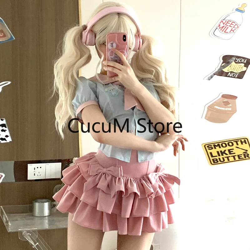 Kawaii Y2K Women 2 Pieces Sets Sweet Sexy Slim Sailor Collar Shirts Pink Mini Skirts Elegant Lolita Outfits 2023 Summer New