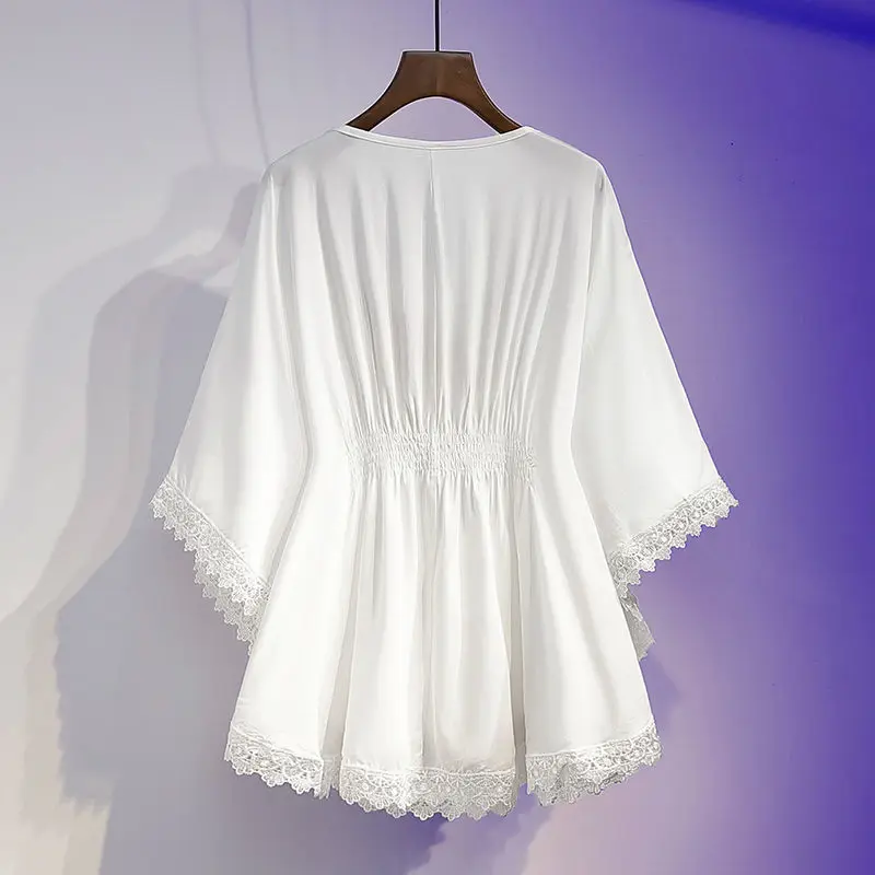 Fashion Vintage Embroidery Loose Batwing Sleeve Casual Blouses Korean All-match Elegant O-Neck Pullovers Shirt for Women Summer