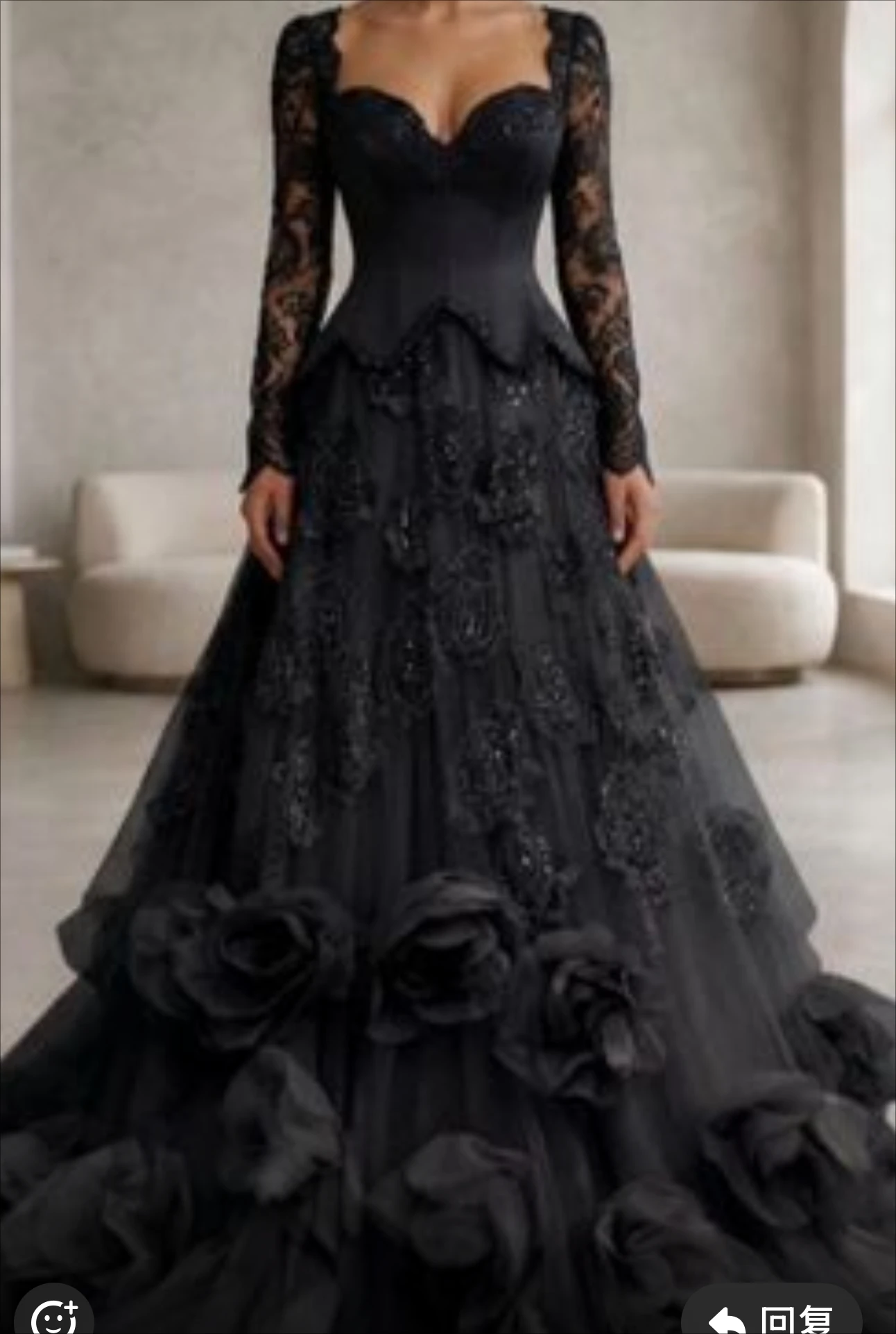 Customized Black Lace Ball Gown Evening Dress Sweetheart Neck Long Sleeves 3D Flower Tulle Formal Prom Dress for Women