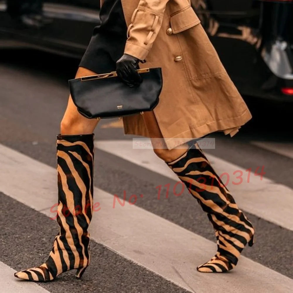 Brown Striped Low Heels Boots Women Square Toe Suede Fashion Spring Shoes Elegant New In Design Ladies Zebra Print Long Boots