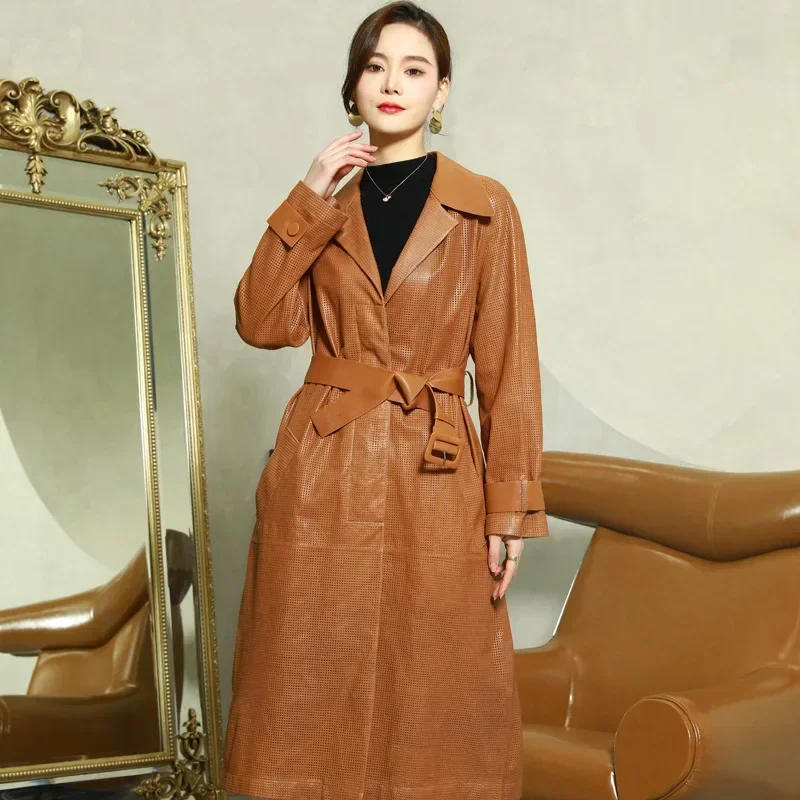 Jaqueta de couro real das mulheres roupas de pele carneiro trench coat moda senhoras cinto blusão midium feminino jaqueta de couro fcy1918