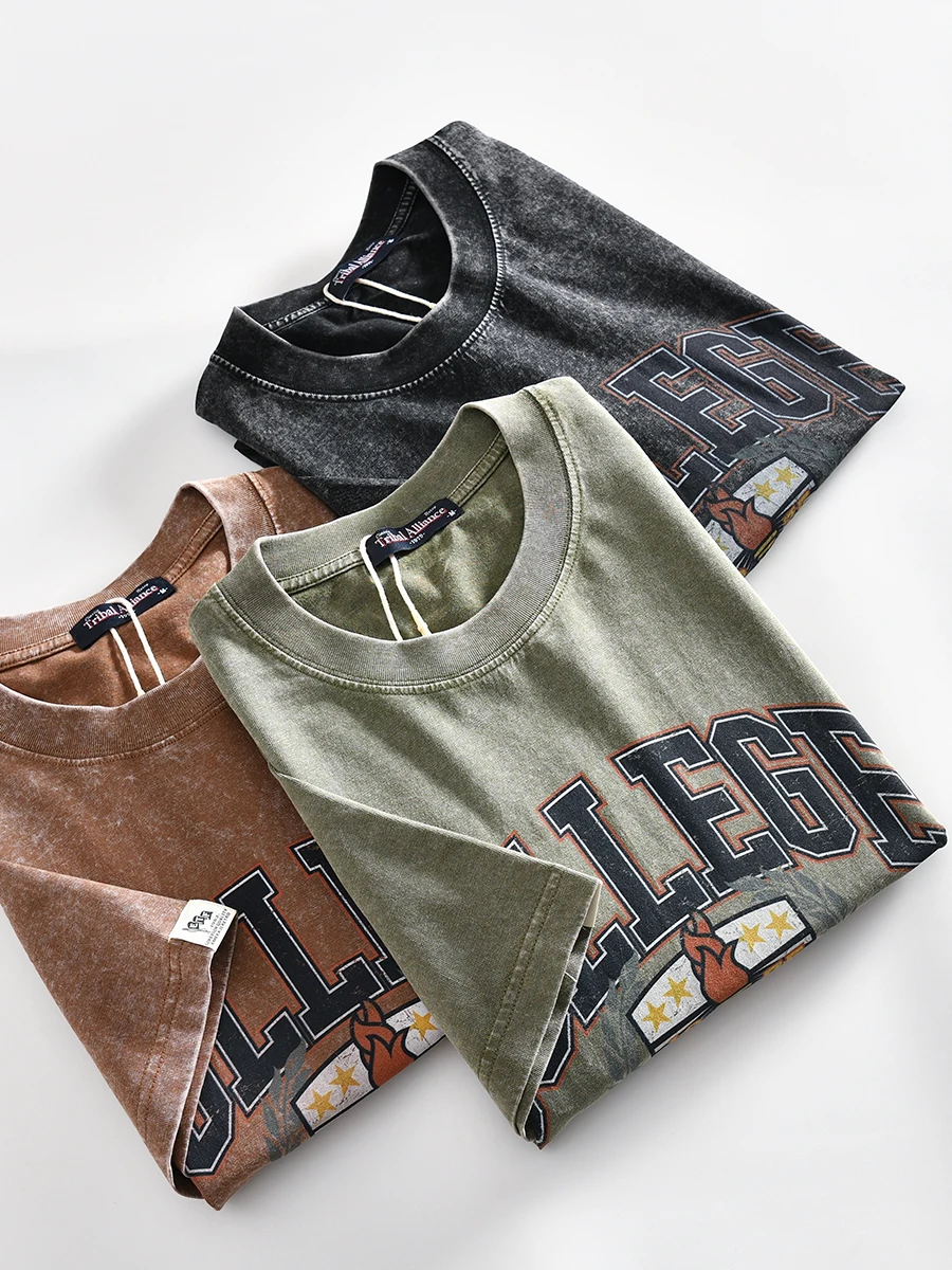 

Retro American Style Cotton Digital Print Men's T-Shirt Summer Fashionable Short Sleeve Worn out Snowflake Wax Dyed Tee