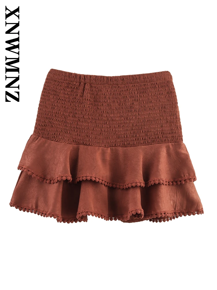 XNWMNZ 2025 verano mujer club moda banda elástica falda con gradas pantalones Sexy señora marrón empalme pantalones cortos Chic cintura alta