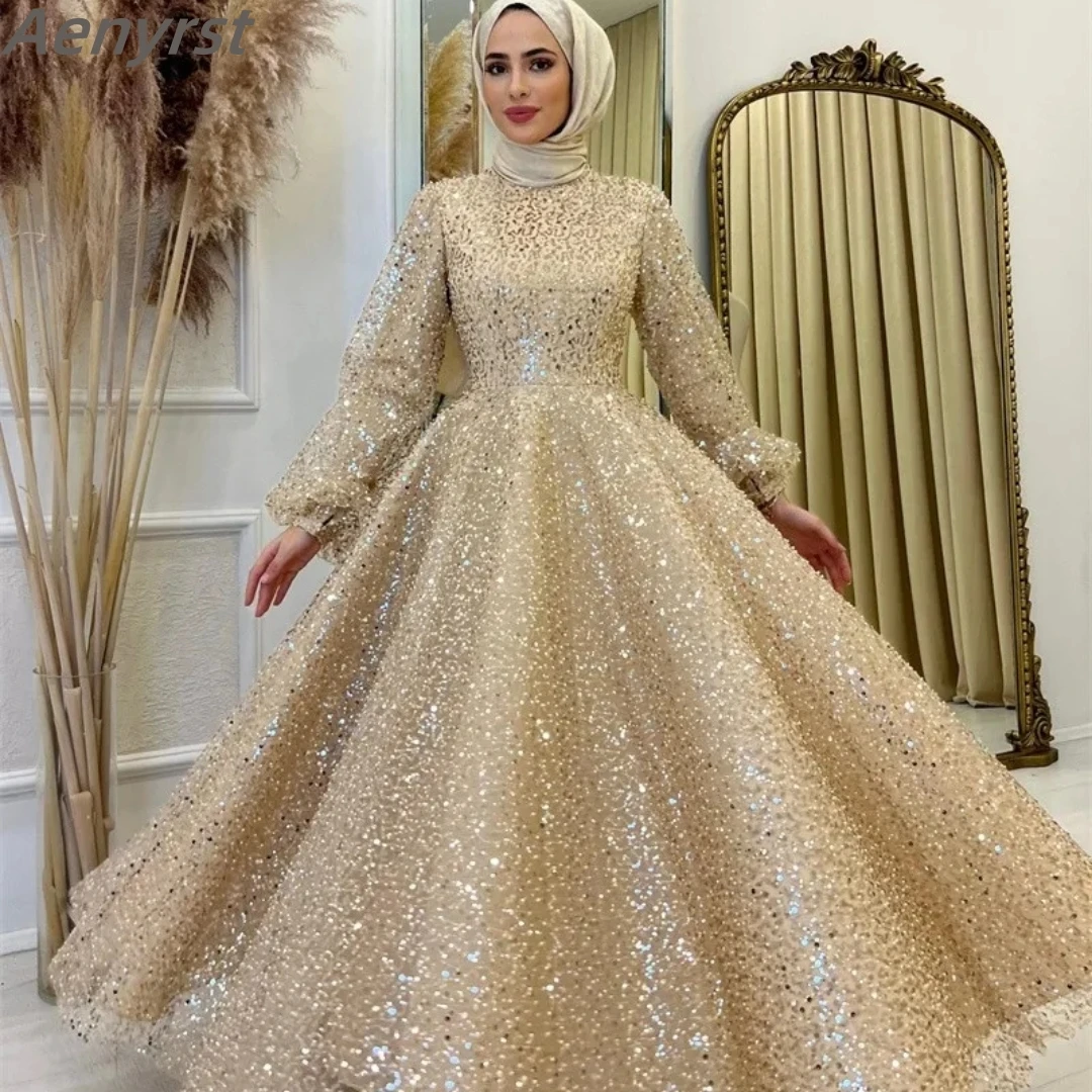 Champagne Muslim Prom Dresses Sequins Long Sleeves Islamic Formal Party Gown High Neck Arabic Dubai فساتين سهره سعوديه Plus Size