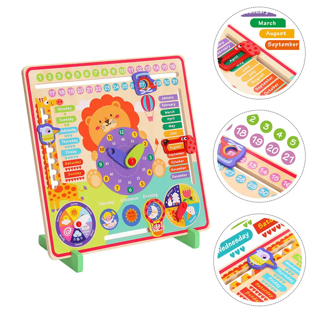 1Set Kids Wooden Clock Educational Early Learning Multifunctional Interactive Month Week Weather Matching Cognitive Gift