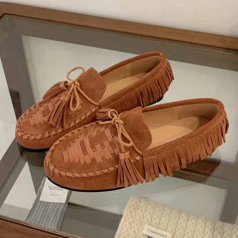 

Винтажные удобные туфли на плоской подошве с кисточками, женские лоферы из искусственной замши в богемном стиле с круглым носком, женская легкая мягкая уличная повседневная обувь