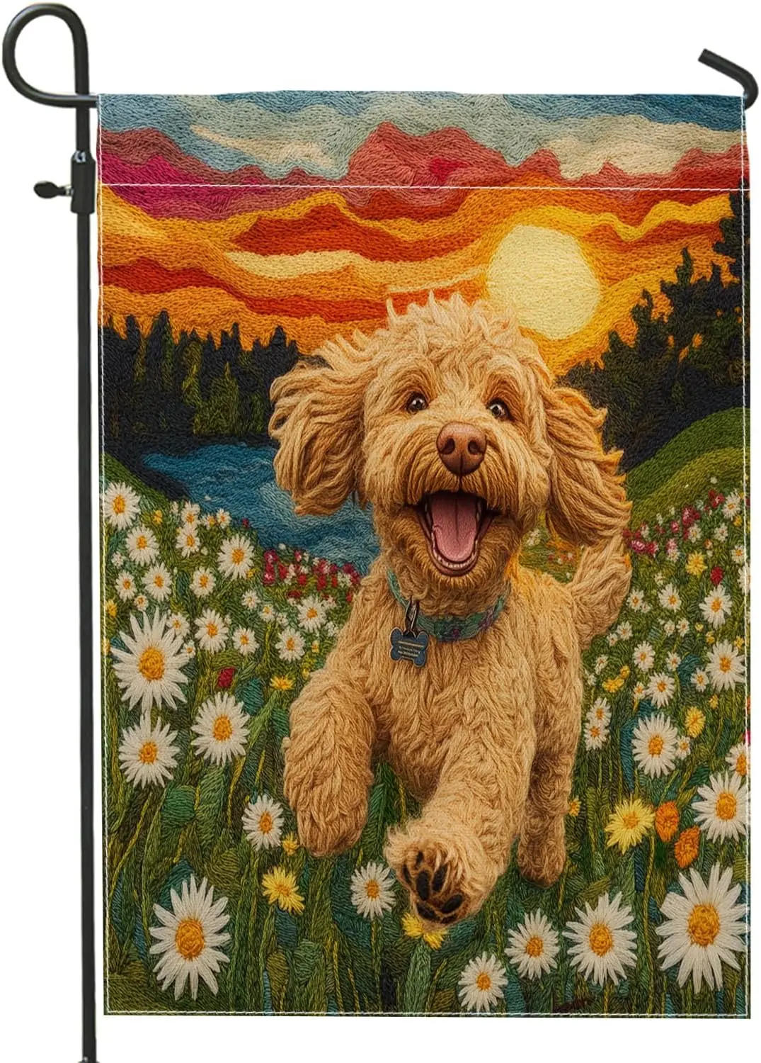 Banderas de Jardín con Diseño de Perro Golden Doodle, 12x18 Pulgadas, Doble Cara, para Exteriores, Escena de Primavera con Margaritas, Lienzo Vertical Estándar Ho LLX