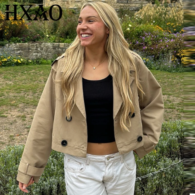 

HXAO Loose Cropped Jacket Women's Demi-Season Jacket 2026 High Quality Double-Breasted Long Sleeve Outerwear Chic Outdoor Jacket