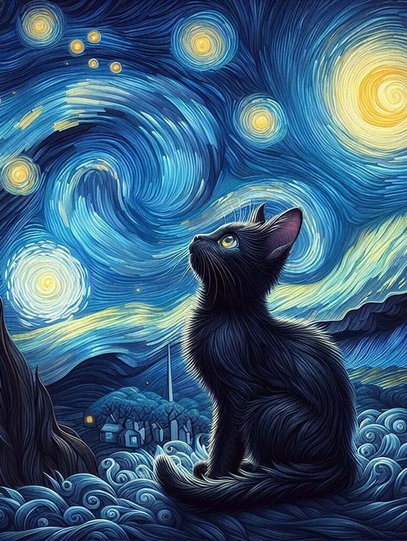 

Div 5D Черный Кот Звездное Небо ночь Ван Гог Полная Алмазная Картина Наборы для вышивки крестом художественные кошки кошки 3D краска с бриллиантами