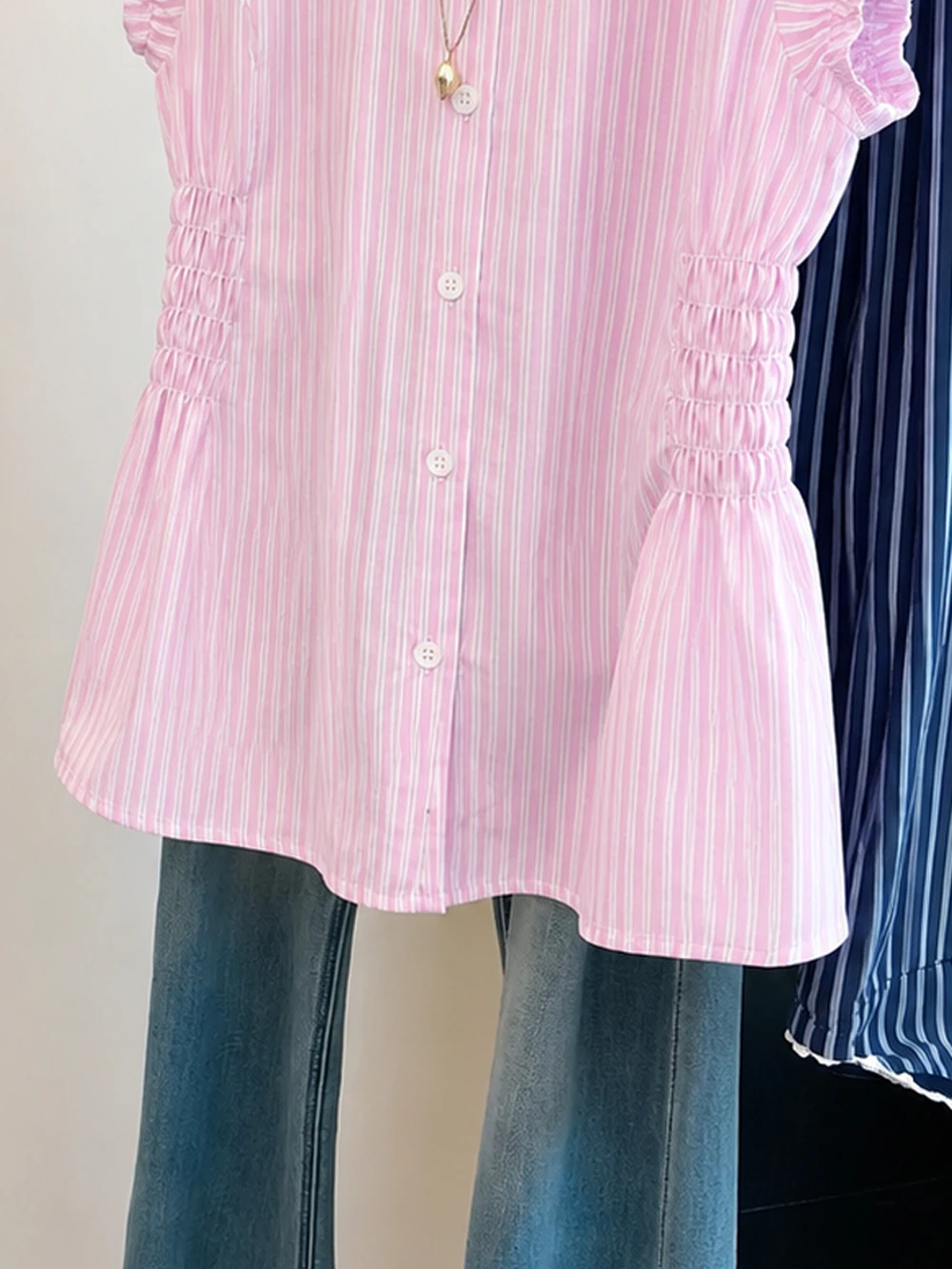 Korean Style Soft Pink Striped Short Sleeve Shirt Men Women Summer Elegant Collar Single Button Waist Cinched Top