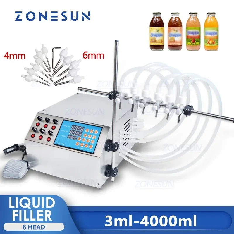 ZONESUN 6 Nozzles Liquid Bottle Perfume Water Juice Essential Oil Electric Digital Control Pump Liquid Filling Machine Supply