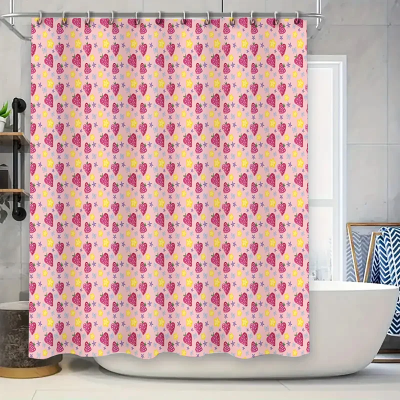 

Cute Pink Strawberry Floral Shower Curtain Waterproof Farmhouse Bathroom Decor Set