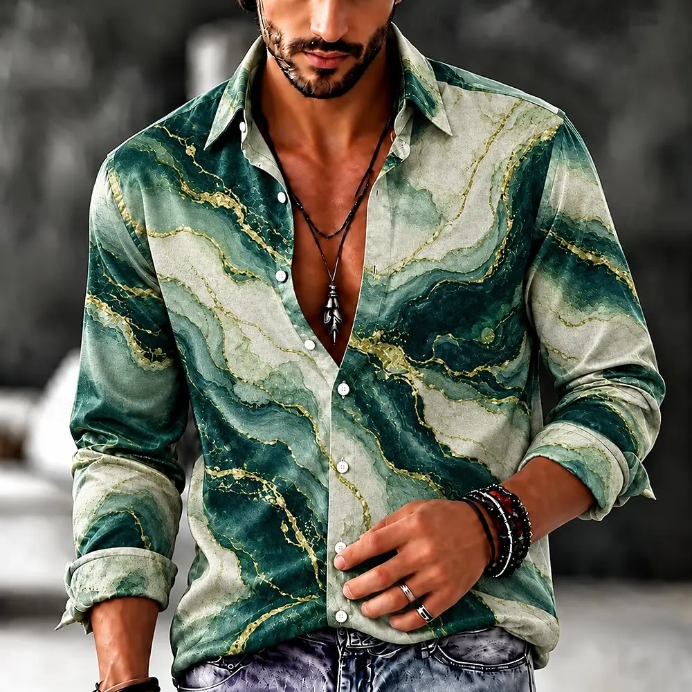 Men Green Marble Fluid Gold Print Long Sleeve Shirt Lapel Button Down Casual Vintage Shirts