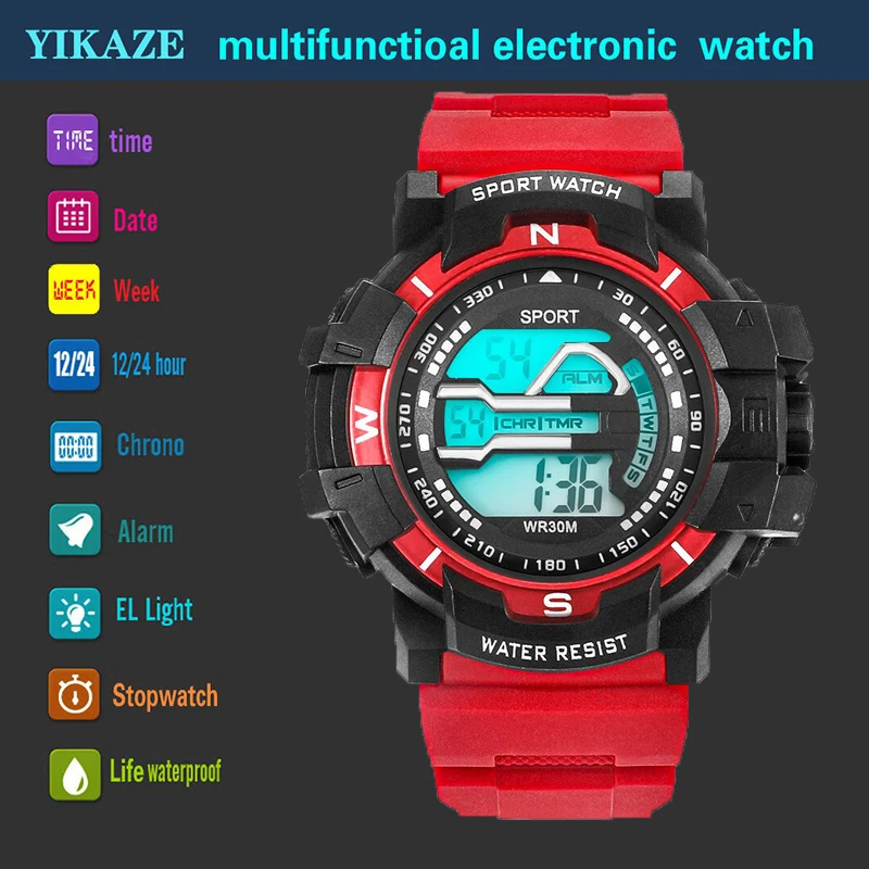 YIKAZE Men\'s Sports Watches Waterproof Digital Watch Alarm Clock Man Student Multifunction Military Sport Electronic Wristwatch